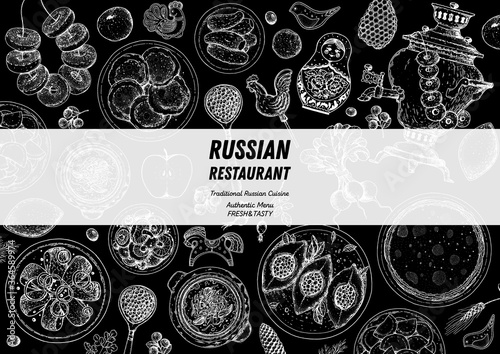 Russian cuisine top view frame. Food menu design elements. Traditional dishes. Russian food. Doodle collection. Vintage hand drawn sketch vector illustration. Menu background. Engraved style.
