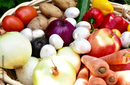 Fresh organic summer harvested vegetables washed and ready for preparing healthy meals and side dishes to share as a family