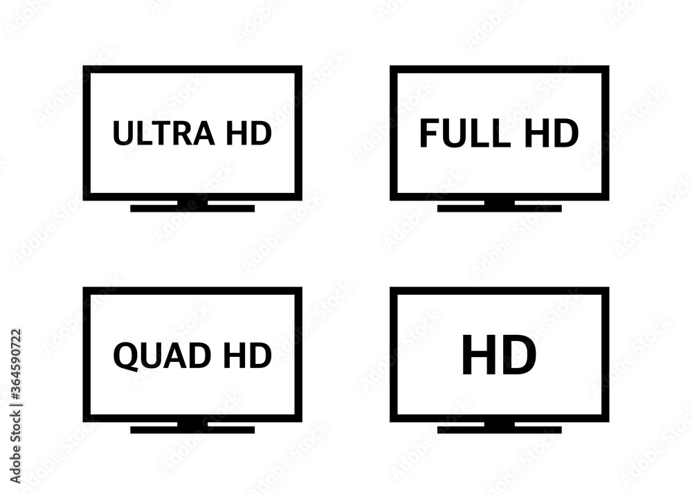4K UHD, Quad HD, Full HD and HD resolution presentation TV nameplates of black color on white background. TV symbols and icons. Vector. 4K UHD, Quad HD, Full HD and HD resolution presentation TV nameplates of black color on white background. TV symbols and icons. Vector.