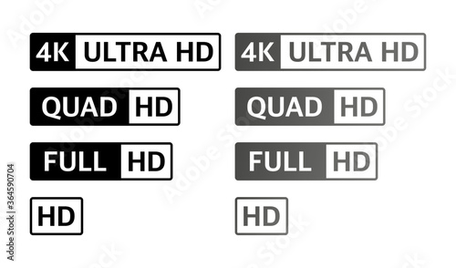 4K UHD, Quad HD, Full HD and HD resolution presentation nameplates on white background. TV symbols and icons of black colors. Vector.