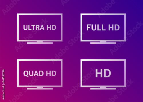 4K UHD, Quad HD, Full HD and HD resolution presentation TV nameplates of white gradient color on gradient background. TV symbols and icons. Vector.