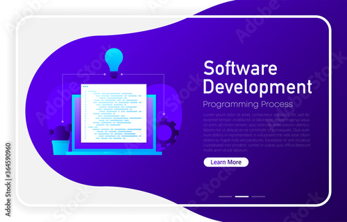 Software development programming concept on dark gradient background. Browser window. Laptop with envelope, open window with programming code. Vector.