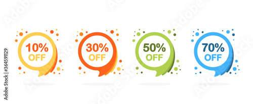 Sale discount icons in flat style isolated on white background. Special offer price signs. 10, 30, 50 and 70 percent off reduction symbols. Colored elements. Vector photo