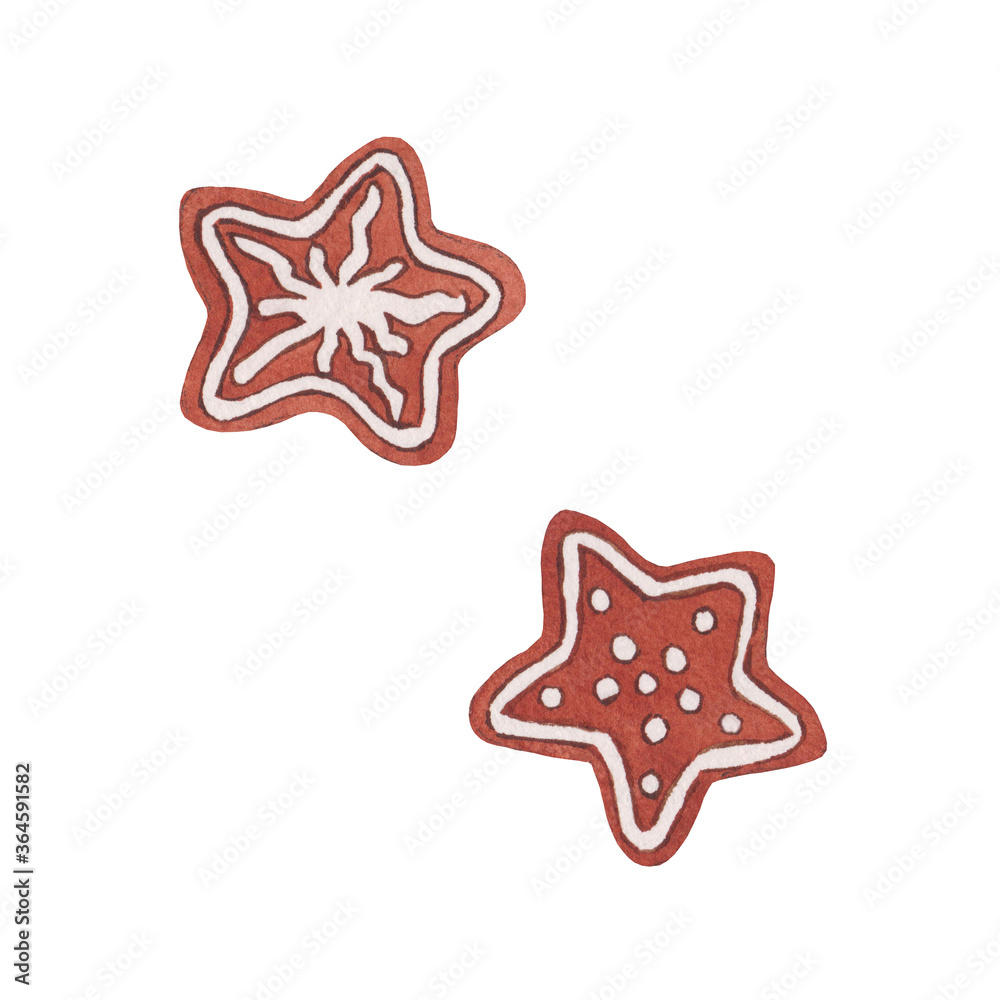 Watercolor Christmas iced brown gingerbread star cookies illustration Watercolor Christmas iced brown gingerbread star cookies illustration