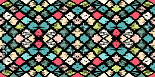 Ikat geometric folklore ornament with diamonds. Tribal ethnic vector texture. Seamless striped pattern in Aztec style. Folk embroidery. Indian  Scandinavian  Gypsy  Mexican  African rug.