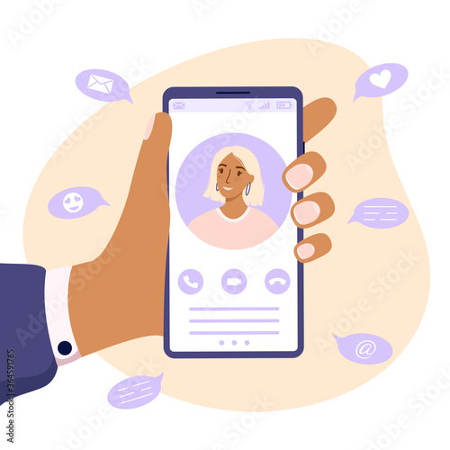 People talking on video conference app phone call. Hand holding phone. Video chat. Flat vector illustration.