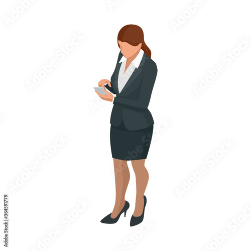 Isometric business woman isolated on write. Creating an office worker character, cartoon people. Business people.