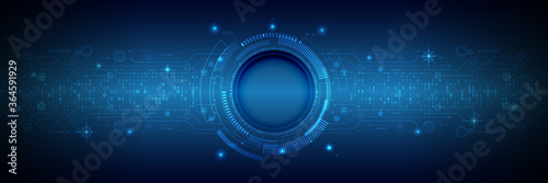 Abstract blue background with various technology elements. Wide Hi-tech communication concept. Connection structure vector illustration.