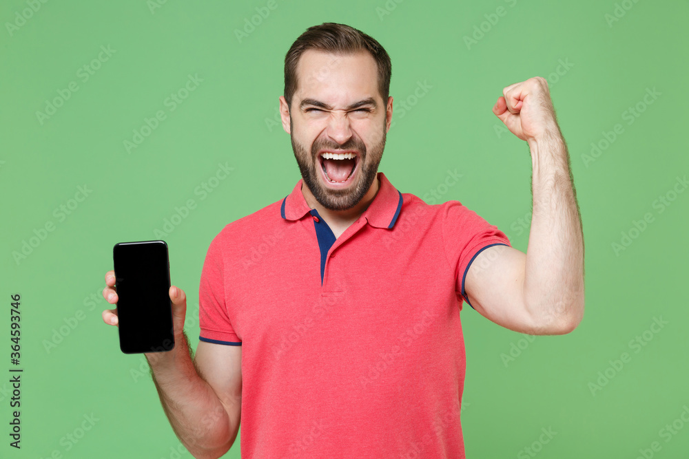 Screaming young bearded man guy in casual red pink t-shirt isolated on green background. People lifestyle concept. Mock up copy space. Hold mobile phone with blank empty screen doing winner gesture. Screaming young bearded man guy in casual red pink t-shirt isolated on green background. People lifestyle concept. Mock up copy space. Hold mobile phone with blank empty screen doing winner gesture.