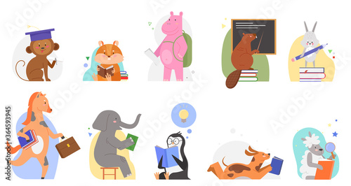 Animals study at school vector illustrations. Cartoon flat cute zoo animal kid characters reading books, learning alphabet abc by textbook, teaching or studying education concept set isolated on white