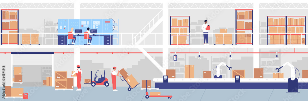 Warehouse delivery process vector illustration set. Cartoon flat worker or engineer people working with loading cargo equipment and conveyor line in storehouse interior, monitoring warehousing process