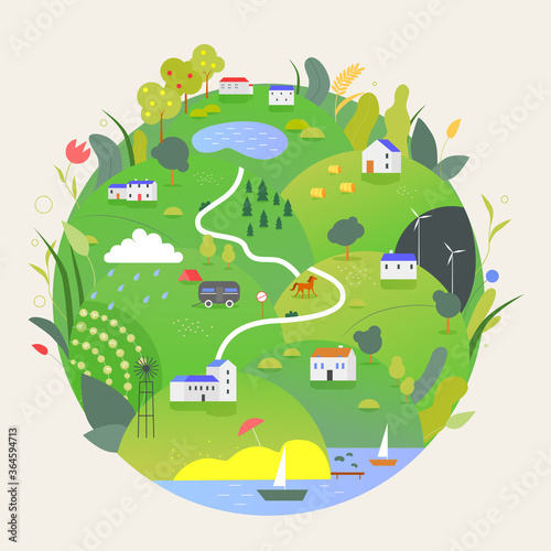 Summer Earth planet vector illustration. Cartoon flat green globe with summertine rural countryside eco farmland landscape with farm, save nature ecology for future, global Earth Day isolated on white