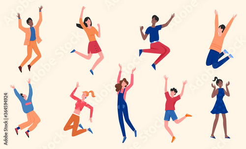 Happy people vector illustration set. Cartoon flat man woman young characters in casual clothes have fun and jump, boy girl dancer teenagers dance with joy, friends happiness smile isolated on white