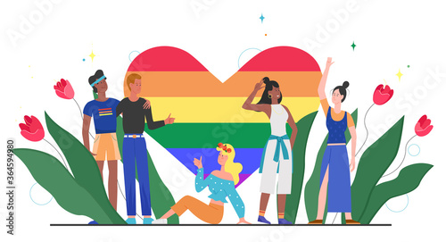 LGBT pride rainbow heart concept vector illustration. Cartoon flat happy LGBT community diversity people standing together with rainbow heart, symbol of love, equality, tolerance isolated on white
