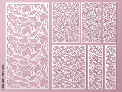 Laser and die cut ornamental panels template set with pattern of magnolia flowers. Cabinet fretwork panel. Lasercut metal panel. Wood carving.
