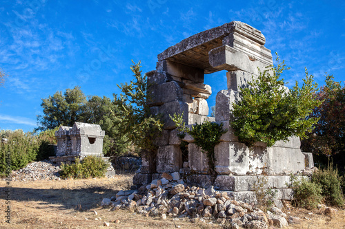 sarcophagus ruins in ancient sidyma city, Sidyma Ruins, Fethiye, Mugla, Turkey. photo