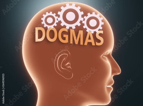 Dogmas inside human mind - pictured as word Dogmas inside a head with cogwheels to symbolize that Dogmas is what people may think about and that it affects their behavior, 3d illustration