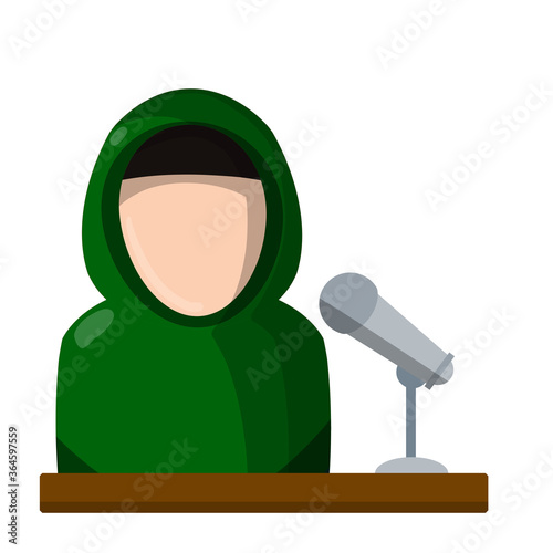 Arab female politician speech on podium with microphone. Women rights. Dialogue and politics. Faceless girl in hijab and Eastern scarf. Flat illustration