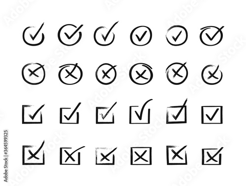 Super set hand drawn check mark. Doodle v checklist marks icon set. Vector illustration