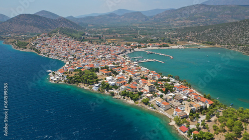 Aerial drone photo of picturesque city of Ermioni built in peninsula with forest of Bistis at the end, Argolida, Peloponnese, Greece © aerial-drone