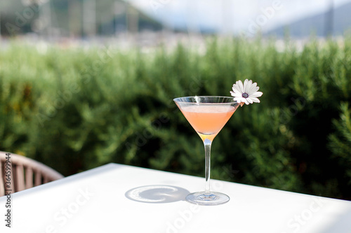 Summer cocktail garnished with flowers. Cold alcohol beverage on bar terrace outdoor. photo