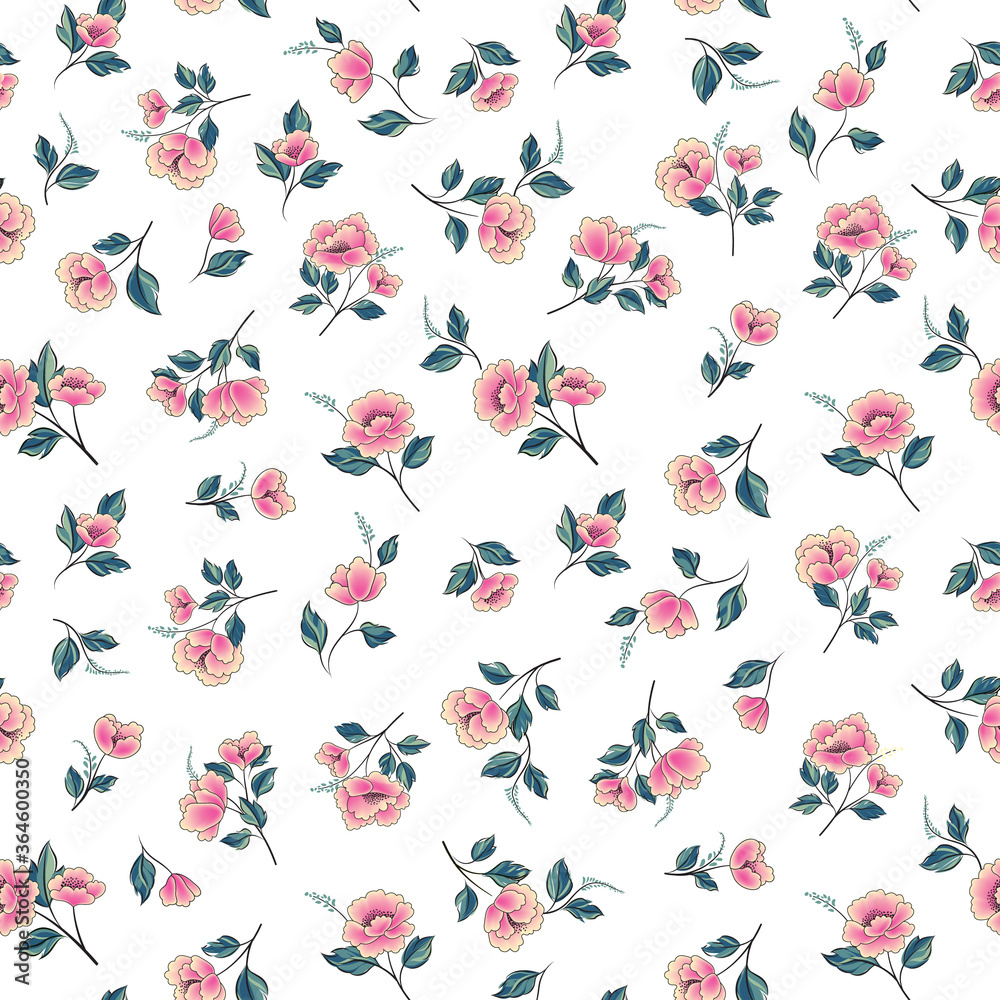 Floral seamless pattern. Flowers with leaves ornamental background. Flourish nature garden texture