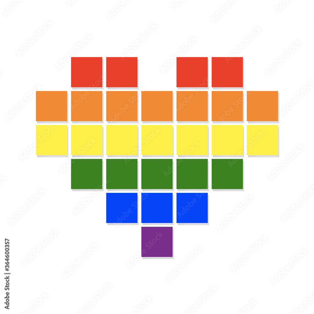 Pixel heart with flying pixels on an edge in colors of LGBT flag. Colorful vector symbol of gay lesbian, transgender love with rainbow lgbt flag. Pride month concept.