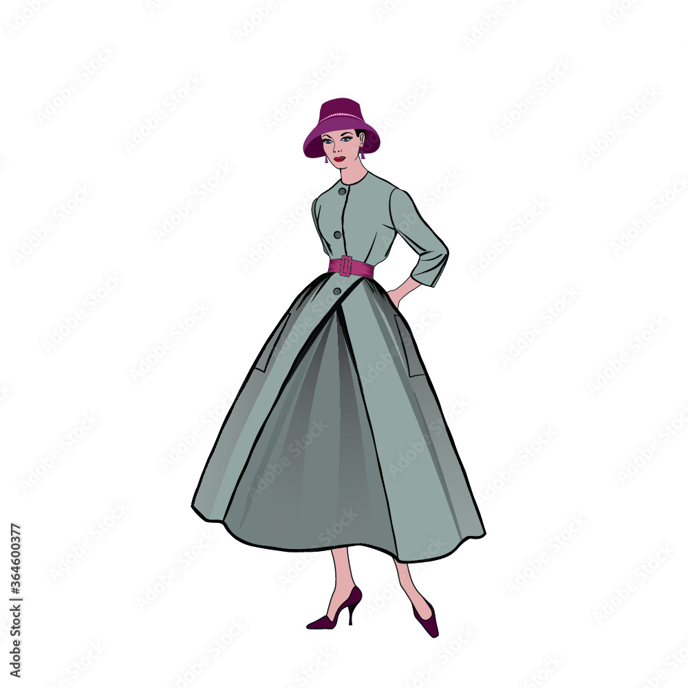 Retro fashion dressed woman (1950's 1960's style): Stylish young lady in vintage clothes. Autumn Fashion party silhouettes from 60s. Retro fashion dressed woman (1950's 1960's style): Stylish young lady in vintage clothes. Autumn Fashion party silhouettes from 60s.