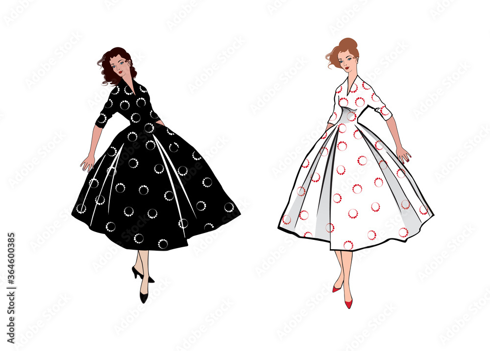 Stylish fashion dressed girls (1950's 1960's style): Retro fashion dress party. Summer clothes vintage woman fashion silhouette from 60s. Two women in summer holiday dress. Stylish fashion dressed girls (1950's 1960's style): Retro fashion dress party. Summer clothes vintage woman fashion silhouette from 60s. Two women in summer holiday dress.