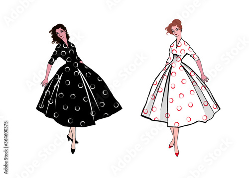 Stylish fashion dressed girls (1950's 1960's style): Retro fashion dress party. Summer clothes vintage woman fashion silhouette from 60s. Two women in summer holiday dress.
