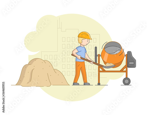 Construction And Heavy Labor And Cement Work Concept. Worker In Protective Uniform And Helmet Mixing Concrete With Mixer. Construction Worker At Work. Cartoon Linear Outline Flat Vector Illustration