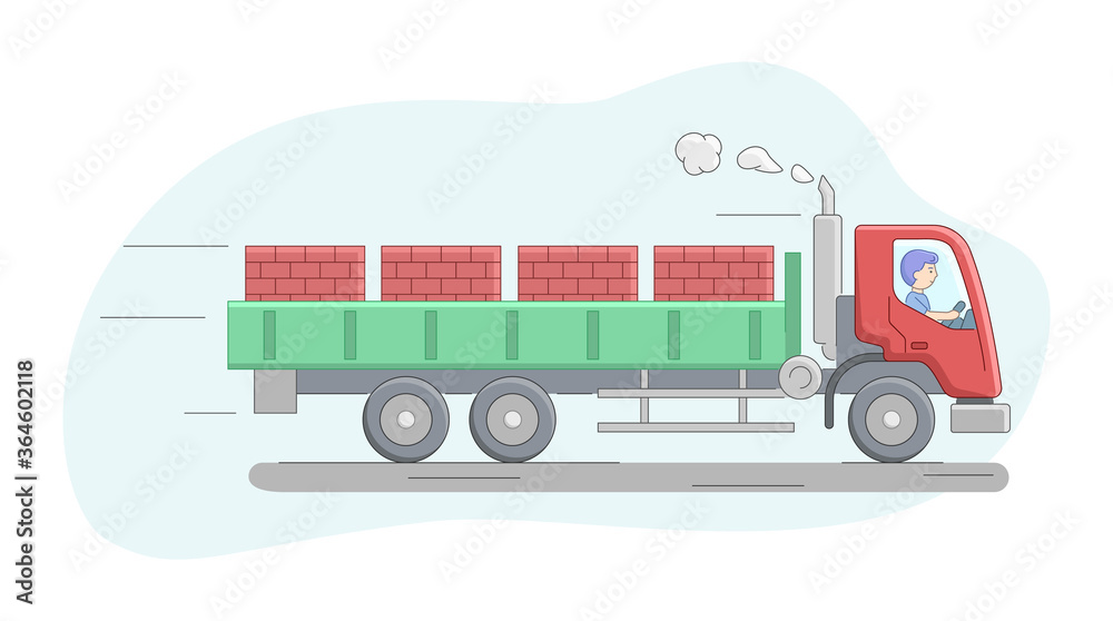 Construction Concept. Truck Flatbed Van Loaded By Brick On Pallets. Worker Riding Truck. Construction Machinery Operator Jobs. Male Character At Work. Cartoon Linear Outline Flat Vector Illustration