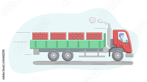 Construction Concept. Truck Flatbed Van Loaded By Brick On Pallets. Worker Riding Truck. Construction Machinery Operator Jobs. Male Character At Work. Cartoon Linear Outline Flat Vector Illustration