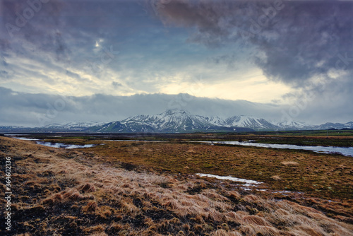 Beautiful Icelandic landscape. Spectacular mountains with dramatic sky along the ring road, route 1, Iceland