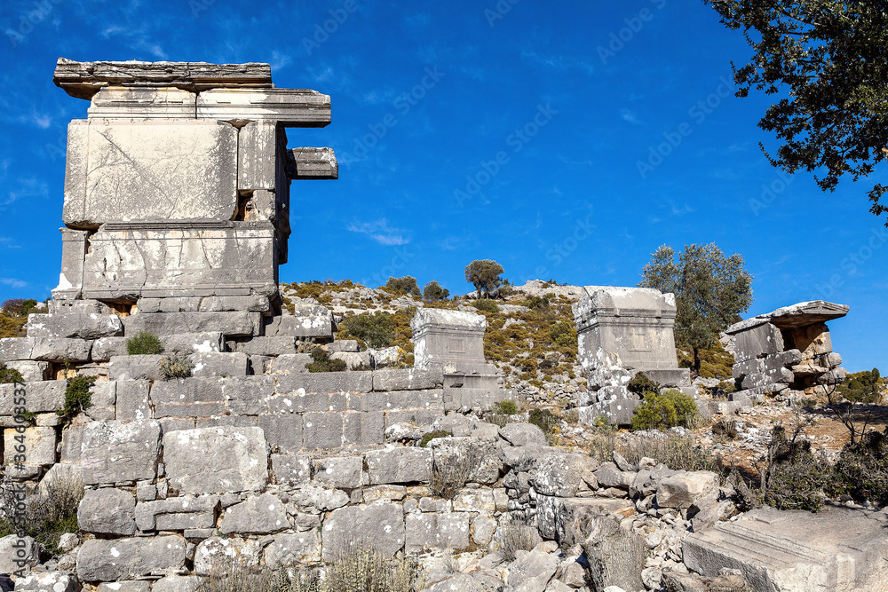 sarcophagus ruins in ancient sidyma city, Sidyma Ruins, Fethiye, Mugla, Turkey.