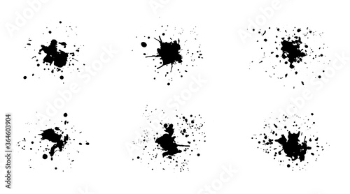 Set of black vector grunge ink splashes with drops. Collection of isolated unique textured inky blots for graphic design, social media stamps, shadows and dirty templates