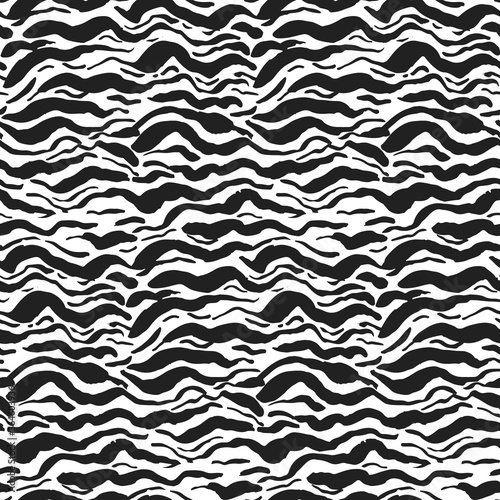 Grunge seamless pattern with black and white wavy sea brush strokes. Abstract monochrome marine wave lines texture for textile, wrapping paper, cover, surface, wallpaper, banner decor