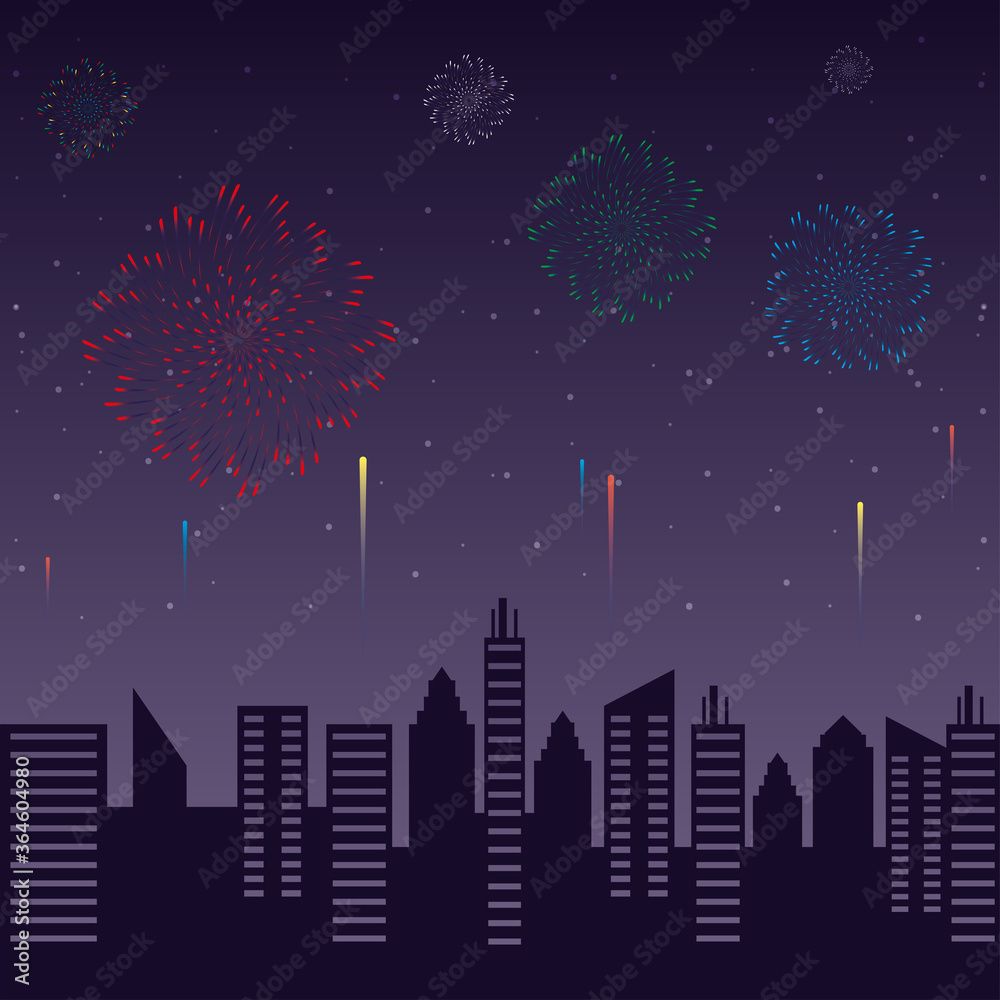 Fireworks burst explosions with citycape in night sky background