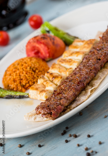 Turkish Adana Kebab with Vegetables on the Plate