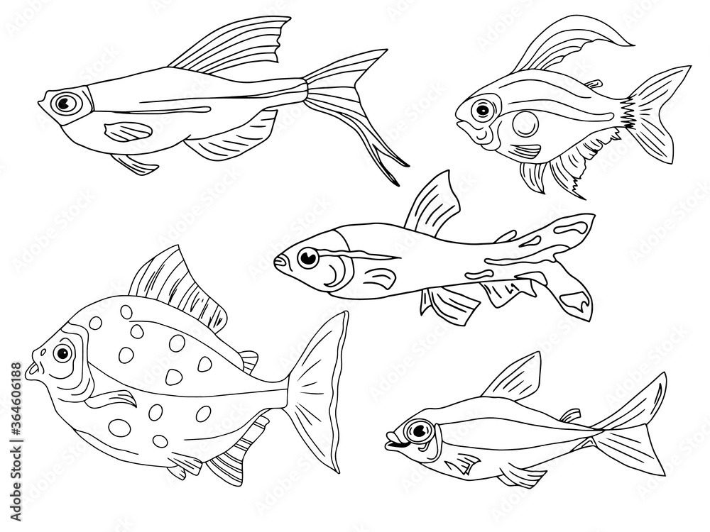 Fototapeta premium Vector set of tropical fish doodles: neon fish, red-eared, aquarium