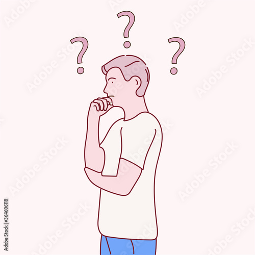Character is thinking hard, looking for a solution to a difficult issue, his hand on his chin. He is experiencing brain tension, anxiety, stress. Vector flat cartoon illustration.