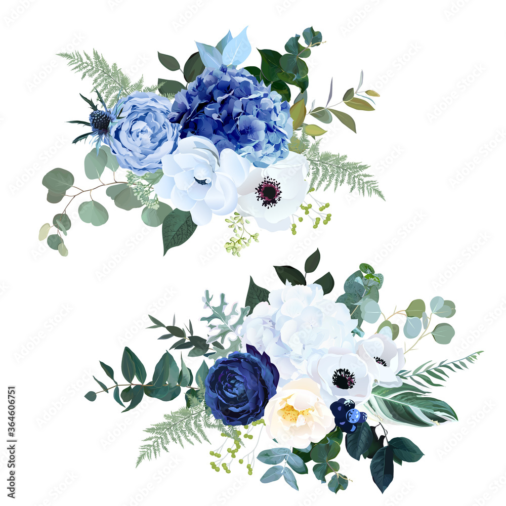 Classic navy blue rose, white hydrangea, ranunculus, anemone, dark thistle  flowers Stock Vector | Adobe Stock