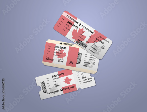 Modern design of Canada airline, bus and train travel boarding pass. Three tickets of Canada painted in flag color. Vector illustration isolated