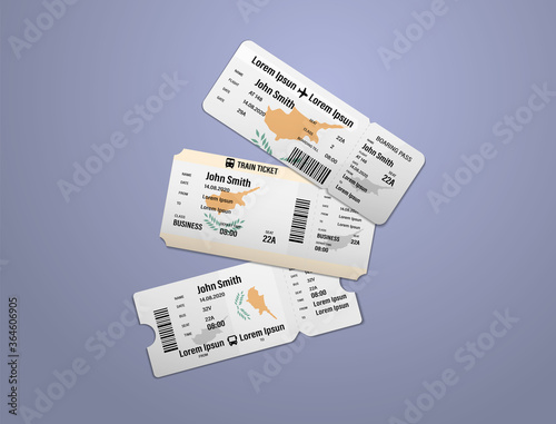 Modern design of Cyprus airline, bus and train travel boarding pass. Three tickets of Cyprus painted in flag color. Vector illustration isolated