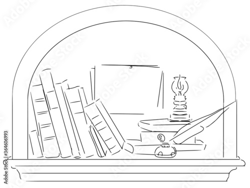 Vector books standing next to a writing pen and oil burning lamp that burns. Graphics line silhouette for writers logo, poster hanging for a niche