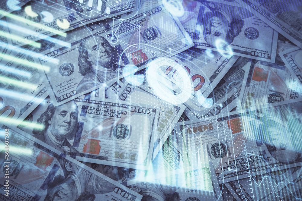 Double exposure of data theme drawing over us dollars bill background. Technology concept. Double exposure of data theme drawing over us dollars bill background. Technology concept.