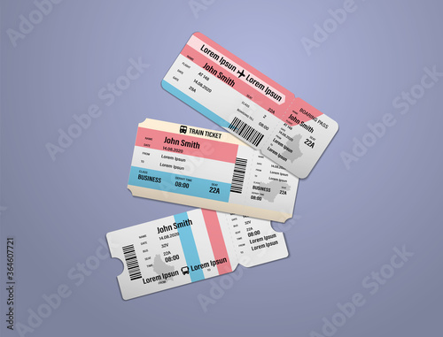 Modern design of Luxembourg airline, bus and train travel boarding pass. Three tickets of Luxembourg painted in flag color. Vector illustration isolated