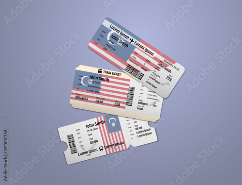 Modern design of Malaysia airline, bus and train travel boarding pass. Three tickets of Malaysia painted in flag color. Vector illustration isolated