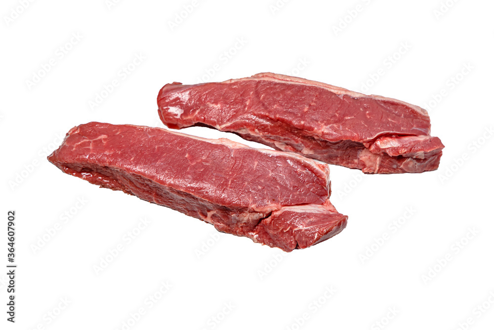 Raw Striploin steak of marbled beef lies on a white background, isolated.