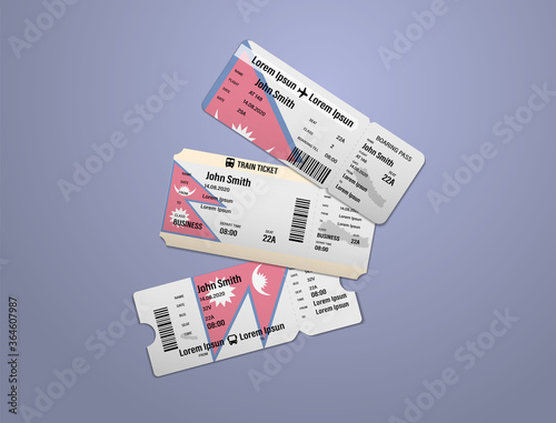 Modern design of Nepal airline, bus and train travel boarding pass. Three tickets of Nepal painted in flag color. Vector illustration isolated